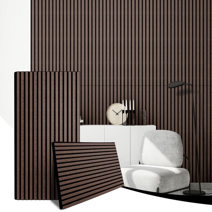 Акустичні панелі AKK-STAR з дерева (набір 2 шт), 1200x600x18 мм, 1.44 м² — 3D стінові панелі для шумоізоляції та декору вітальні та офісу, колір чорний горіх