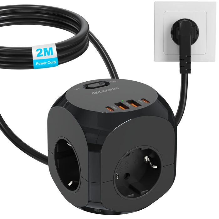 Розподільник розеток з USB-C, 4 розетки, плоский штекер, індивідуальне вмикання, куб з кабелем 2м для офісу, дому, подорожей - білий