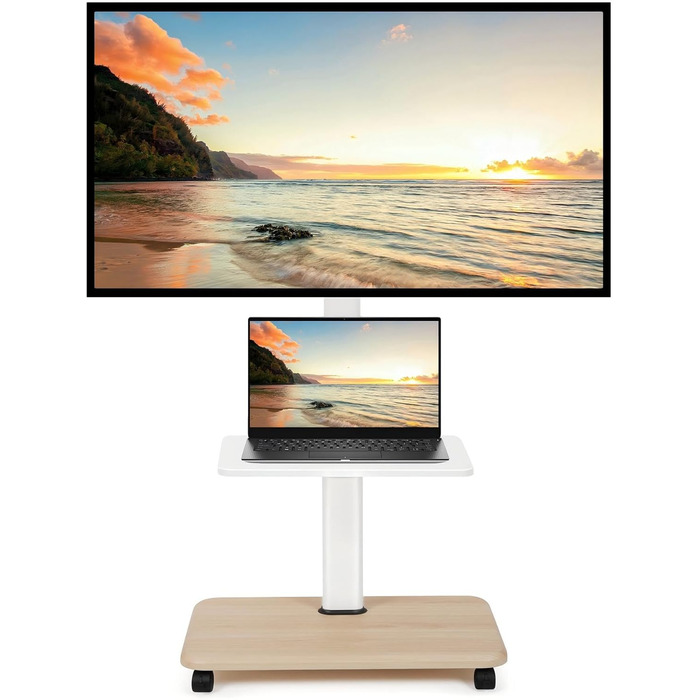 Мобільний ТВ-стіл Hellsehen для LED/LCD/OLED телевізорів 32-70 дюймів (до 45 кг), білий, з регулюванням висоти та блокованими колесами