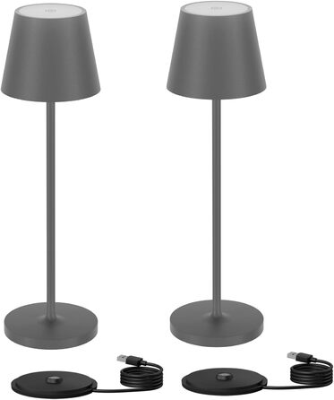 LED акумуляторна настільна лампа Klighten 2 шт. з регулюванням яскравості, для дому та вулиці, з USB зарядкою, 3000K, IP54, алюміній (темно-сірий)