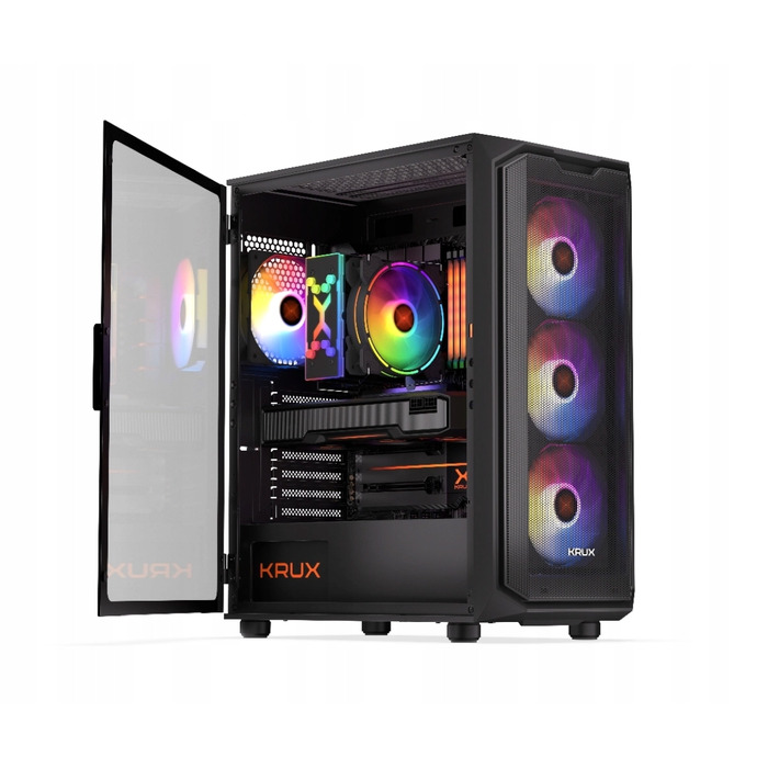 Корпус ПК Krux Orona ARGB Midi Tower, загартоване скло, 4 вентилятори 120мм, чорний