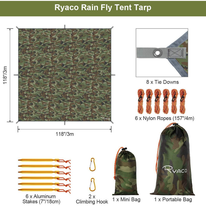 Тент RYACO 3x3 м, водовідштовхуючий, ультралегкий з люверсами, 6 кілків, 6 мотузок, захист від УФ, снігу та дощу, для кемпінгу, пікніків, подорожей та активного відпочинку на природі (камуфляж)