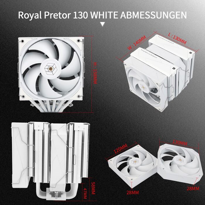 Thermalright Royal Pretor 130: Кулер для CPU з 6 тепловими трубами, підтримка Intel LGA115X/1200/2011/1700/1851; AM4/AM5, Tower-type, білий