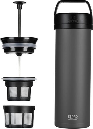 Французький прес ESPRO P0 Ultralight 470 мл, термокружка з нержавіючої сталі, вакуумізольована, для кави, подорожей, кемпінгу, Gun Metal Grey