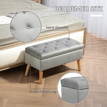 HOMCOM Storage Bench, Upholstered Bench with Lid, Bed Bench with Velvet Look, for Entryway, Bedroom, Living Room, Rubber Wood 102 x 35 x 43 cm Grey | Aosom
