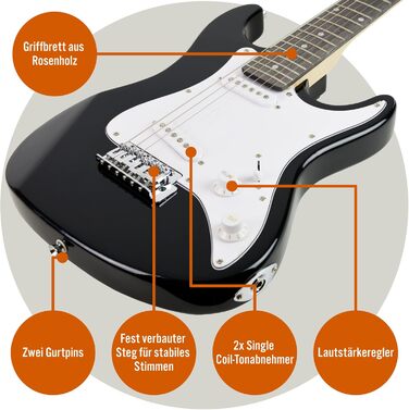 Електрогітара 3/4 розміру 3rd Avenue XF Ultimate Kit з підсилювачем 10W, тюнером, кабелем, стійкою, чохлом, ременем, запасними струнами, медіаторами та каподастром - Чорний, набір для початківців