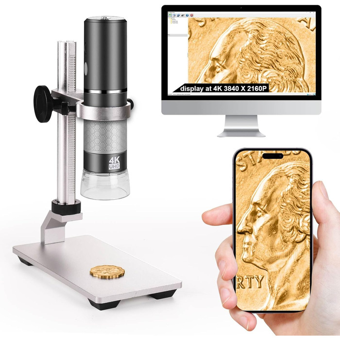 4K WiFi мікроскоп Ninyoon з професійним штативом та чохлом для iPhone, Android, PC, iPad, Android Tablet, Windows, Mac, Chrome, Linux (Сірий)