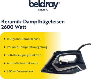 Праска Beldray 2600 Вт з керамічною підошвою з антипригарним покриттям, регулюванням температури та подачі пари, функцією самоочищення, резервуаром для води 280 мл, парою до 140 г/хв, висока потужність, шнур живлення EU