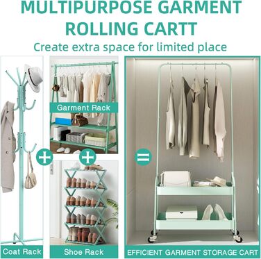 Clothes Rack Coat Stand, Clothes Rail Wheels, Bedroom Clothes Rack, Freestanding Shelf Cart 2 Tier Storage Shelf, Heavy-Duty Rolling Cart Utility Cart Green, WK830503-GN