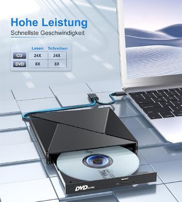 Зовнішній CD/DVD привід USB 3.0 та USB-C, оптичний накопичувач CD/DVD +/-RW ROM для ноутбука, ПК, MacBook, iMac (Windows, MacOS, Linux)