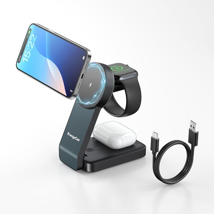 3-в-1 Зарядний пристрій MagSafe: Бездротова зарядка для iPhone 16/15/14/13/12, годинників та AirPods Pro/2/3 - Чорний (15W)