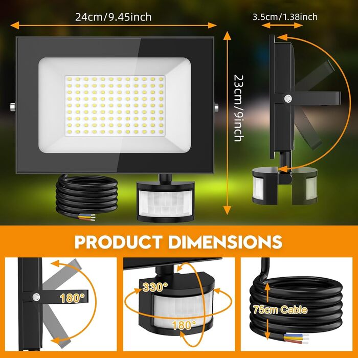 papasbox 2-Piece 100W LED Floodlights with Motion Sensor and Light Sensor | Outdoor Floodlights/Spotlights with Remote Control | 6500K Cold White IP66 Waterproof Floodlight for Garden, Garage, Sports Field