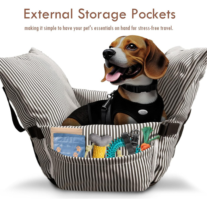 Автокрісло для собак маленьких та середніх порід до 18 кг, з ременями безпеки та кишенями для зберігання, антиковзаюча підкладка (морські смуги) (Коричневе, 76.2x52 см)