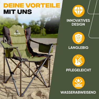 Складний туристичний стілець ADELKAMP з товстим м'яким сидінням, висока вантажопідйомність 150 кг, з сумкою-холодильником та тримачем для напоїв – переможець тесту 2024, преміум-якість, оливковий колір