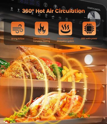 Аерофритюрниця 14 л Emphsism, міні-піч Airfryer XXL 1800 Вт, 11 програм, LED-екран, 4 аксесуари (шампур, решітка тощо), з рецептурником