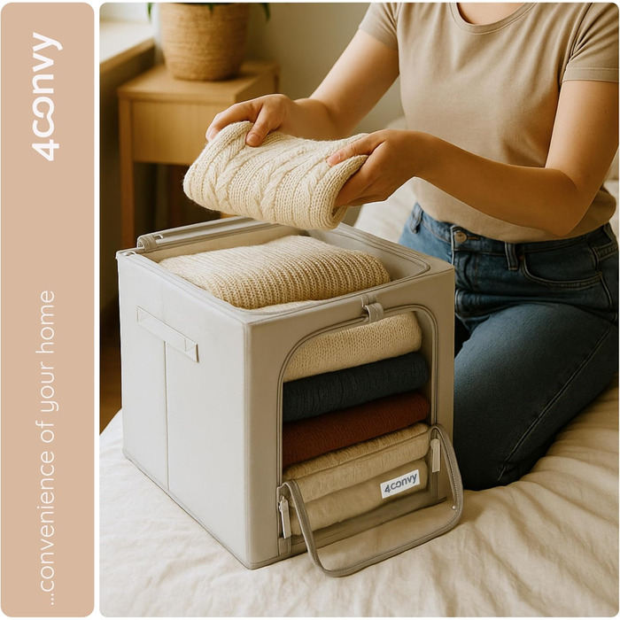 Складана коробка для зберігання одягу 4CONVY з блискавкою та металевим каркасом (3x40л, сірий, 2 вікна) - покращене матеріали 2024 року