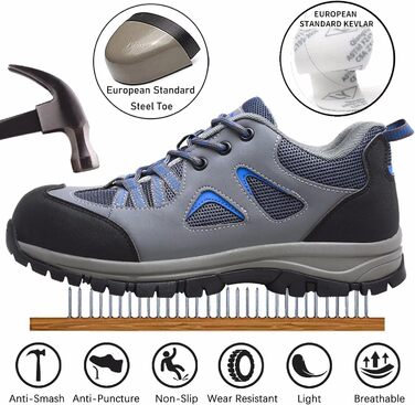 Чоловічі та жіночі робочі черевики-захисники. Легкі, дихаючі, антиковзкі, з металевим підноском. Сірий, синій, 44 EU