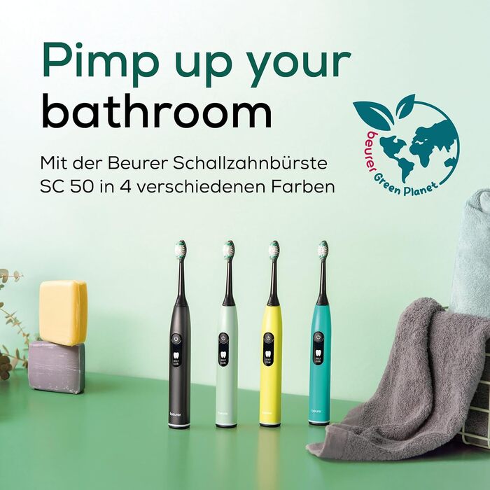 Електрична зубна щітка Beurer SC 50 з 5 режимами чищення та датчиком тиску, 80 000 коливань, дисплей, 2 насадки (Ocean Breeze)