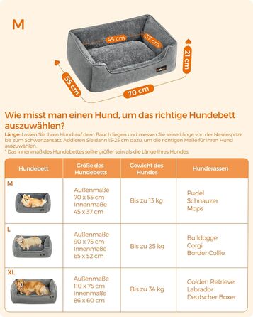 Ліжко для собак Feandrea, м'який лежак для собак з льоновим покриттям, кошик для собак, підняті бортики, неслизьке дно, знімний та пральний чохол, M, для маленьких собак, 70 x 55 x 21 см, світло-сірий