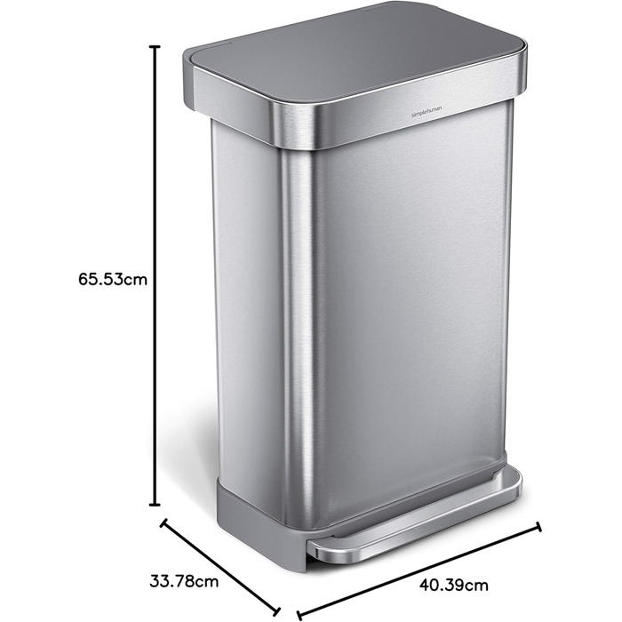 Сміттєвий бак Simplehuman CW2080 45 л з педальним механізмом, з відділенням для пакетів, для кухні, з нержавіючої сталі та сірого пластику