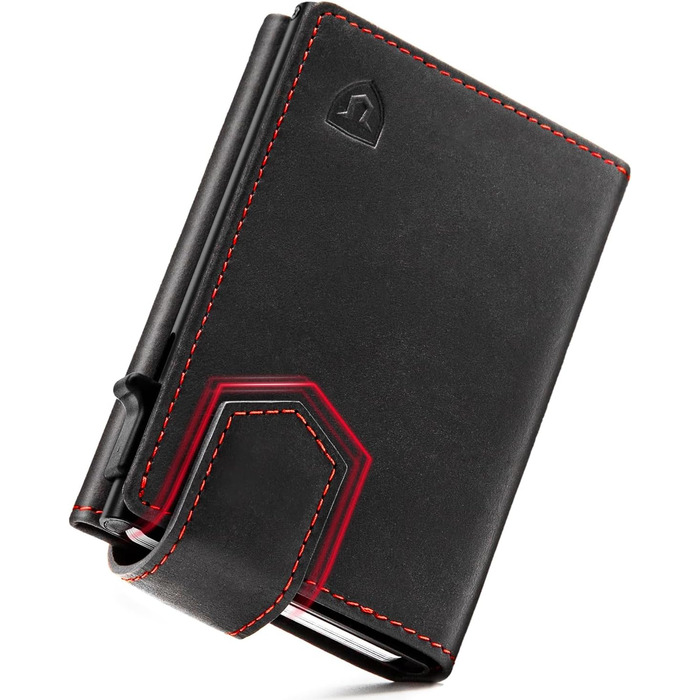Чоловіче картхолдер LORZOR® з магнітною застібкою, slim-гаманець з відділенням для монет, RFID захист, для 10 карт, чорний/червоний