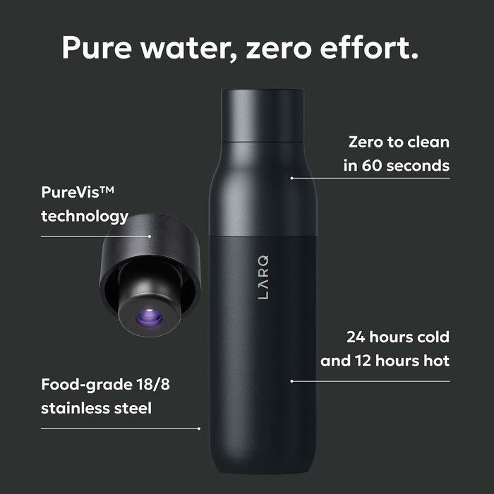 Пляшка для води LARQ PureVis 740 мл Obsidian Black: самоочисна, з нержавіючої сталі, зберігає температуру, BPA-free