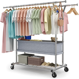 HOKEEPER Clothes Rack with Shelves, 450 kg Capacity, Rolling Clothes Rack, Portable Clothes Hanger, Chrome (D005)