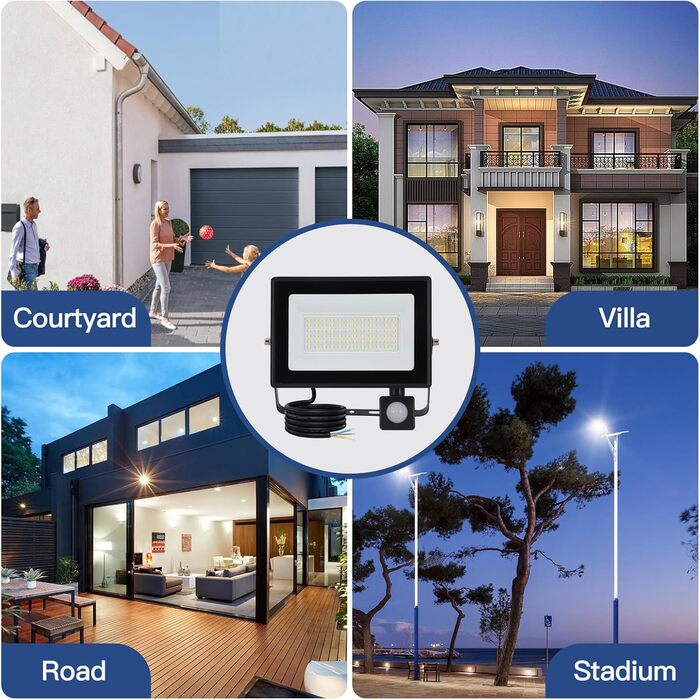 LED Floodlight 50W, Outdoor 5000LM, Spotlight 72 LED IP65 Waterproof, Outdoor Floodlight 6500K Cold White, 230V for Garage, Garden 【2 Pieces Black】 (50wgj 6500k Cold White, Motion Sensor)