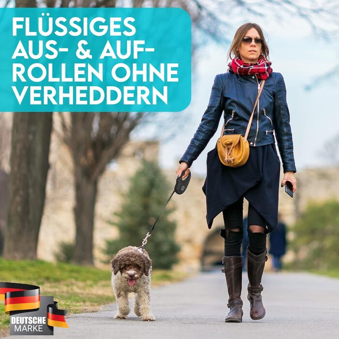 Висувна поводок для собак HUND IST KÖNIG 8м | Для малих та великих собак до 50кг | Зручний хват, міцний | Чорний