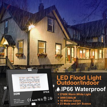 ChangM RGB LED Floodlight, Outdoor Floodlight, 30W, 4 Pack, Bluetooth APP Control, 16 Million Colors, Smart LED Floodlight, IP66 Outdoor Floodlight, Waterproof LED Floodlight, Garden Mood Lighting