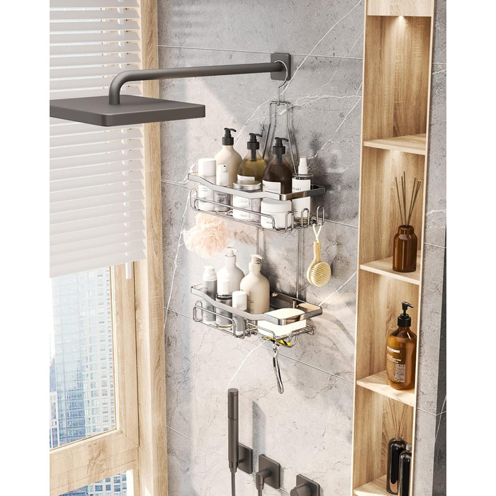 HapiRm Shower Shelf to Hang with Razor Holder & Soap Holder - Hanging Shower Shelf with Multiple Hooks - High-Quality Hanging Shower Shelf Stainless Steel No Drilling-Silver