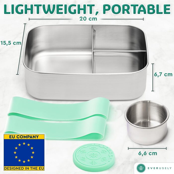 Бенто-бокс Everusely 0,8 л з нержавіючої сталі з контейнером для спецій - ланчбокс з 3 відділеннями (зелений)