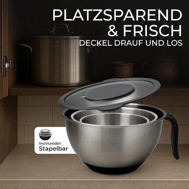 Набір мисок для перемішування Lort з нержавіючої сталі з кришкою та тертками | Набір кухонних мисок з антиковзким дном та можливістю складання | Салатник з 3 насадками-терками | Можна мити в посудомийній машині, нержавіюча сталь