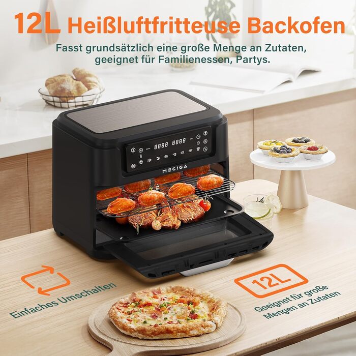 MECIGA Dual Zone Air Fryer, Double Chamber Air Fryer with Viewing Window, Transformable Hot Air Fryer, 12L Large Air Fryer, 2 Drawers, Oil-Free Fryer, Dishwasher Safe, 2400W, Black