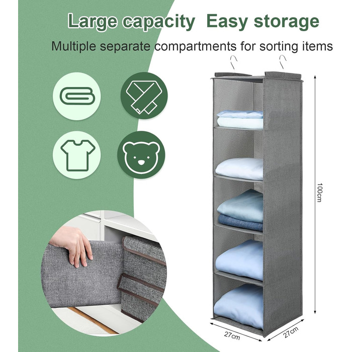 Органайзер для шафи AiQInu з 3 відділеннями, на вішалку, бамбуковий, сірий (з гачками)