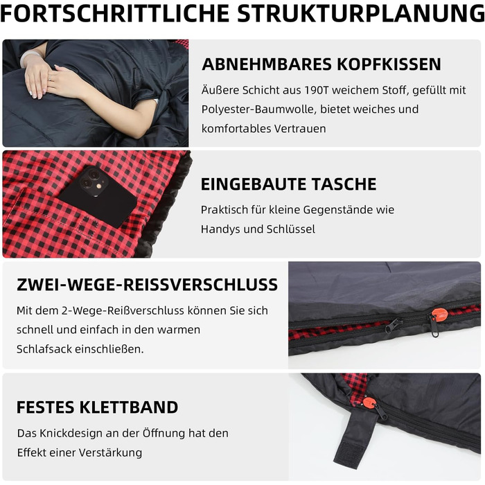 Спальний мішок для дорослих – широка прямокутна модель на 3 сезони з кишенею та сумкою для перенесення, 300 г/м² бавовна, водонепроникний, для кемпінгу, дому та відпочинку на природі, блискавка з правого боку