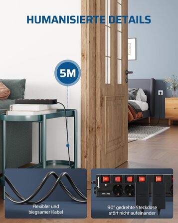 Мережевий фільтр DEWENWILS з індивідуальним керуванням, 6 розеток з 2 USB, настінний, 3680W/16A, захист від перенапруги, захист від дітей, кут 90°, кабель 5м, чорний