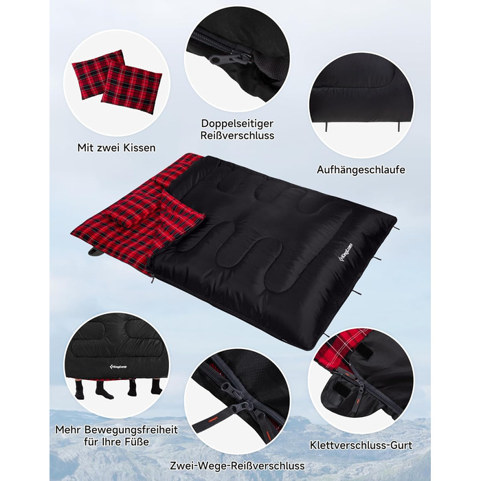 KingCamp 2-Person Winter Sleeping Bag - Warm, Portable, 3-4 Season Camping Sleeping Bag with Flannel Pillows - for Kids & Adults