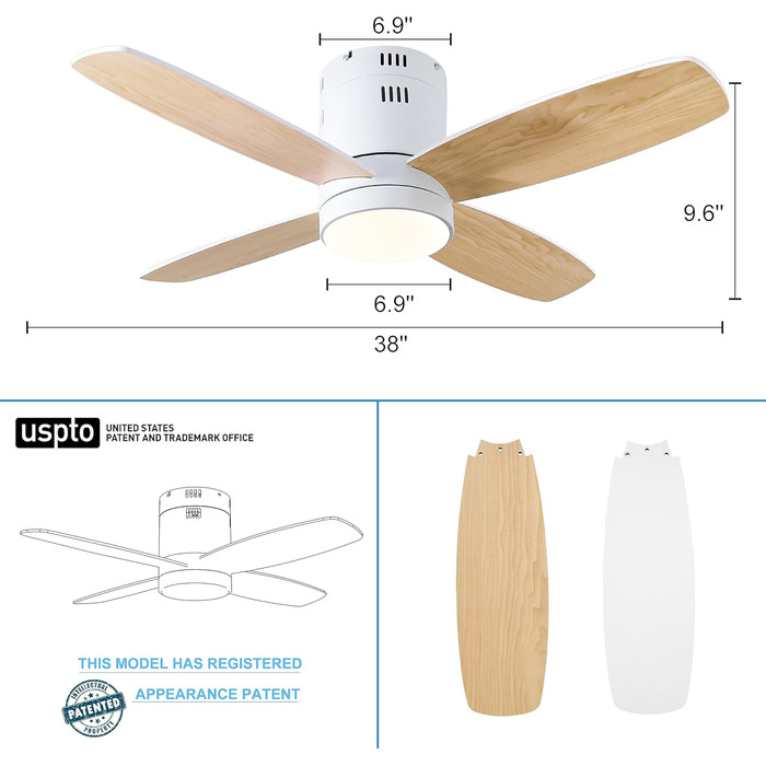 Стеляний вентилятор Ohniyou з підсвіткою та пультом дистанційного керування, 96,5 см (38 дюймів), з керуванням через додаток, тихий, регульований, для спальні, тераси, внутрішнього та зовнішнього використання, білий, сучасний