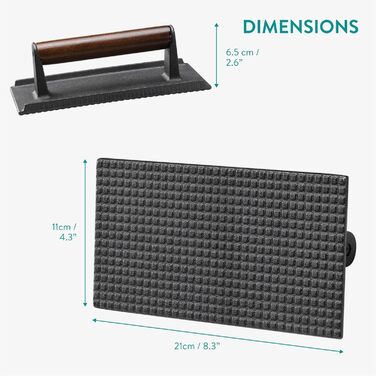 Navaris Smashed Burger Press - Cast Iron Burger Press - Prepare Burgers Healthy and Delicious - Grill Press - Meat Press - 21 x 11 cm - Rectangular Cast Iron