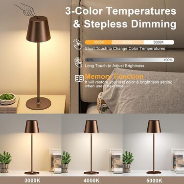 Акумуляторна LED настільна лампа бездротова з USB-C зарядкою, регульована яскравість, 3 режими світла, коричнева. Для дому, офісу, кемпінгу.