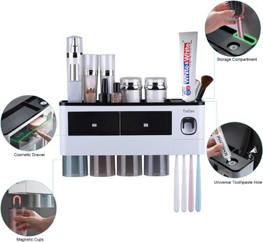 Automatic Toothpaste Dispenser with Space-Saving Toothbrush Holder for Bathroom, 4 Transparent Magnetic Cups, 7 Toothbrush Slots, 1 Cosmetic Organizer Drawer (4 Cups)
