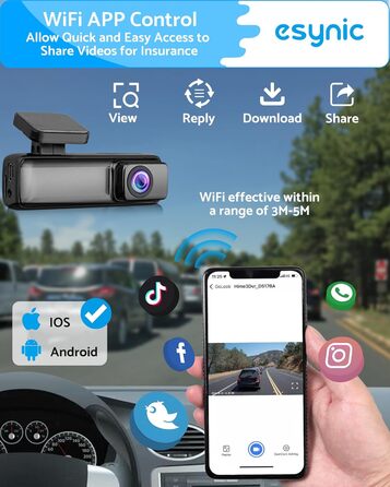 eSynic Міні відеореєстратор (Dashcam) Auto WiFi 1080P Full HD – 160° Широкий кут, Нічне бачення, G-сенсор, Паркувальний режим, Керування через App, WiFi, 32GB SD-карта в комплекті