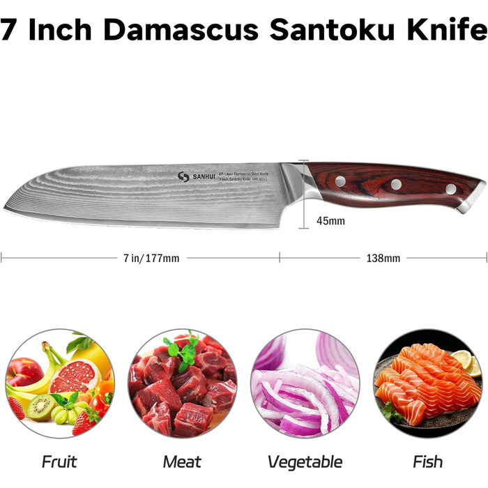 Кухонний ніж Damast Profi - ніж Santoku з дамаської сталі (67 шарів), ручка Pakkawood, подарункова коробка - професійний ніж для кухні 7 дюймів