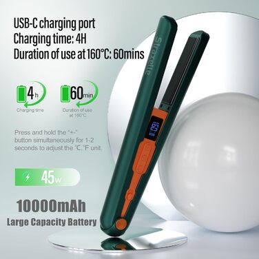 Праска для волосся 2-в-1 (випрямляч та щипці) Dark Green, бездротова, 160-220°C, акумулятор 10000mAh, LED-дисплей, 4 режими нагріву, для жінок та чоловіків