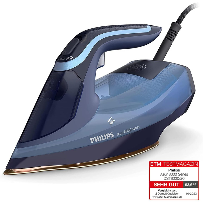 Philips Azur 8000 Series Steam Iron - 55 g/min continuous steam, 240 g steam boost, 3000 W, OptimalTEMP technology, SteamGlide Elite, Light Blue (DST8020/20) 240 g steam boost 55 g continuous steam Light Blue/Dark Blue