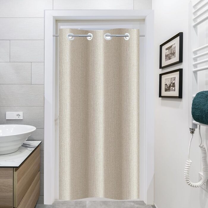 Штора для душу YISURE без гачків, льон бежевий 120x200 см. Водовідштовхувальна тканинна штора для ванної кімнати, машинне прання