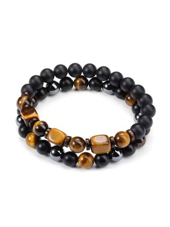 Чоловічий браслет з перлами та мінералами (набір 2 шт): тигрове око, гематит, чорний агат. Браслети з натурального каміння для чоловіків. Набір браслетів-чокерів з мінералами. Стильний аксесуар, духовний подарунок для чоловіка.
