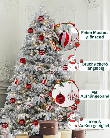 Набір прикрас на ялинку 40 шт. червоно-білі, 6 см, пластикові, з підвісками, небрудні, різноманітні поверхні та візерунки, для внутрішнього та зовнішнього використання