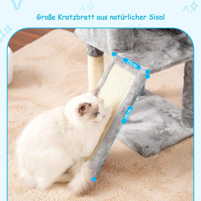 Котячий будиночок Hey-brother Kratzbaum 108 см, багатоярусний котячий комплекс з когтеточками, рампою, гніздечком та іграшками, сірий MPJ007SW